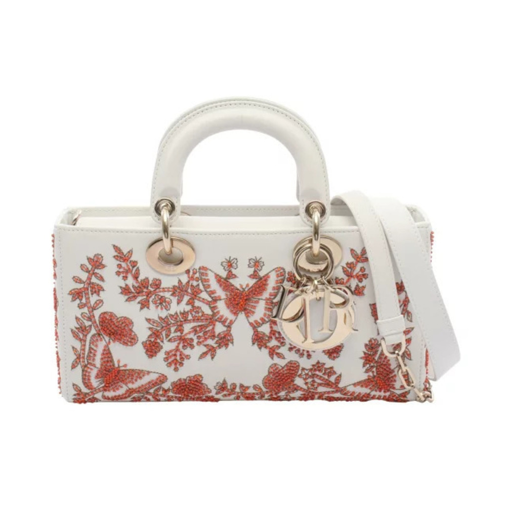 Christian Dior LADY D Joy Beaded Embroidered Handbag Leather White Orange